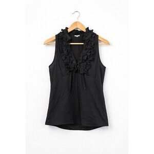 AZIZ Black Ruffled Sleeveless Cotton Blouse Womens L Button Front Boho
